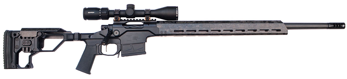 A Christensen Arms Model 14 MPR, in 6mm Creedmoor, black finish with carbon-fiber barrel and stock.